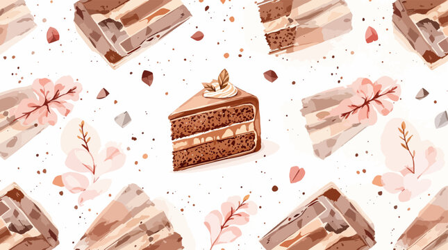 Elegant Chocolate Cake Watercolor Pattern with Classic Dessert Motifs