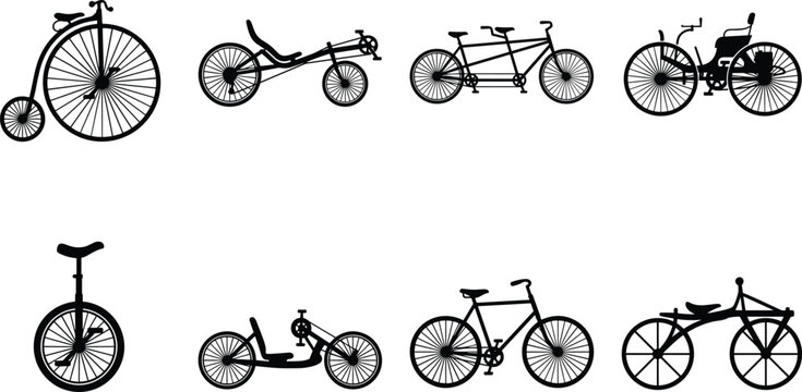 Set of black silhouettes of different vintage and modern bicycle types isolated on a clean white background