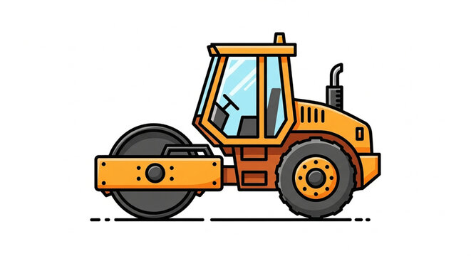 A yellow road roller with a large drum on a white background