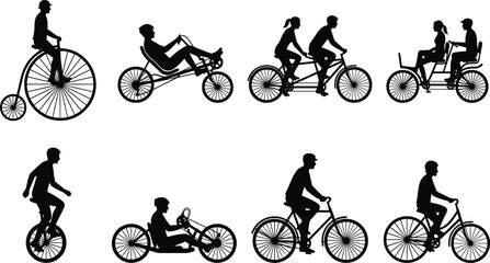 Set of black silhouettes of people riding various types of bicycles, unicycles, recumbent bikes, and tandem cycles isolated on a white background © Foredul