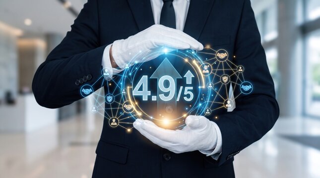 Businessman hands presenting a glowing client satisfaction score with expanding trust network connections above a sleek office desk symbolizing customer confidence service excellence and long term rel