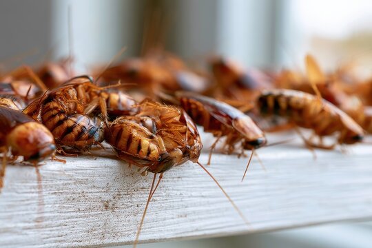 Macro photograph of a cluster of German cockroaches on a white wooden shelf