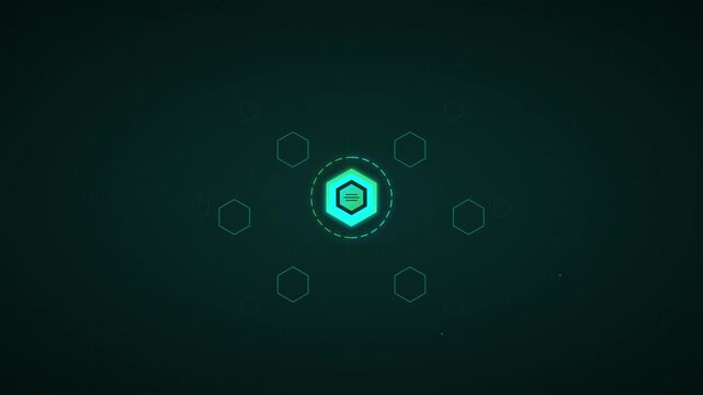 geometric hexagon tech icon in teal honeycomb matrix animation