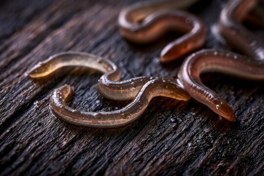 Macro photograph of threadworms on a dark wooden surface
