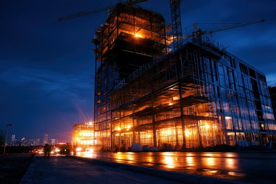 Nighttime construction scene of a high-rise building under development in Greenwood Village, Colorado