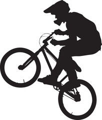 Obraz premium Silhouette of a mountain biker performing a stunt jump on a bicycle, extreme sports concept, action shot of a cyclist in midair, dynamic pose for adventure and outdoor activities