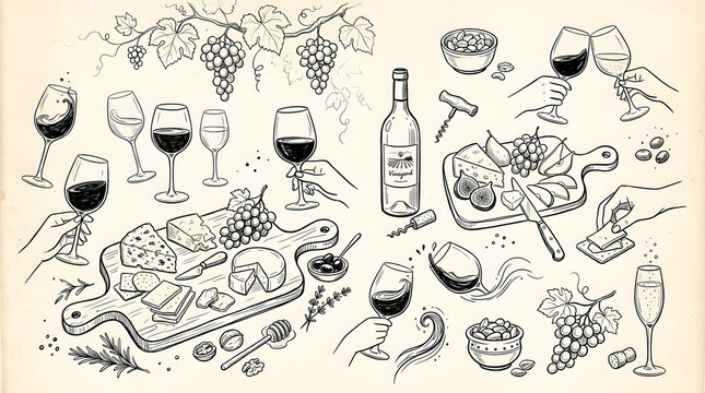  "Quirky doodle collection of wine and cheese pairings. Loose sketches of grapes, cheese boards, wine glasses and herbs in an elegant yet carefree line art style."
