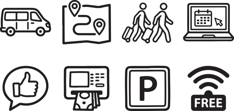 Set of travel and service icons with van map tourists booking atm parking and free wifi symbols