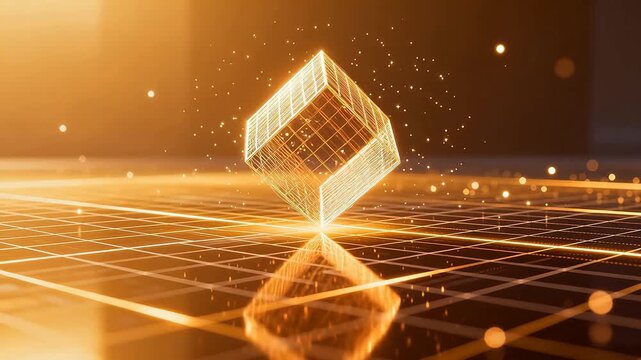 Golden wireframe cube on grid