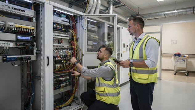 Maintenance staff inspecting a distributed antenna hub in a hospital setting ensuring reliable cellular signals for emergency response and healthcare operations.