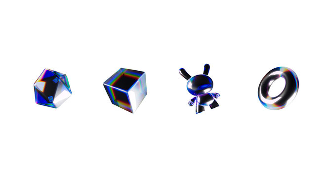Futuristic iridescent 3D shapes set, holographic glass geometric objects on white background, metallic chrome toy and prism elements for tech design