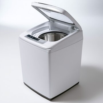 Minimalist image of a household top-loading washing machine with digital panel and open lid