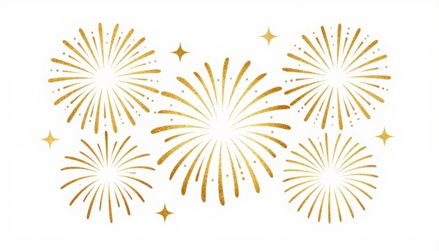 Bright gold firework bursts with sparkling stars on plain white
