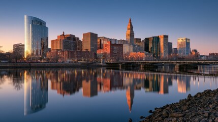 Obraz premium Twilight View of Hartford City Panorama with Reflected Lights on the Connecticut