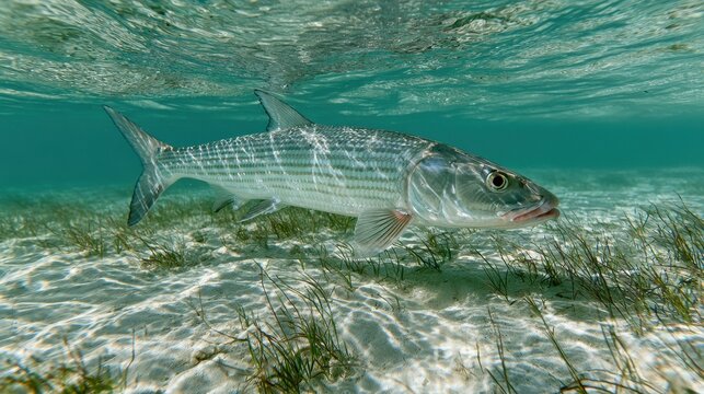 Silvery bonefish swimming over sandy seabed in calm coastal waters