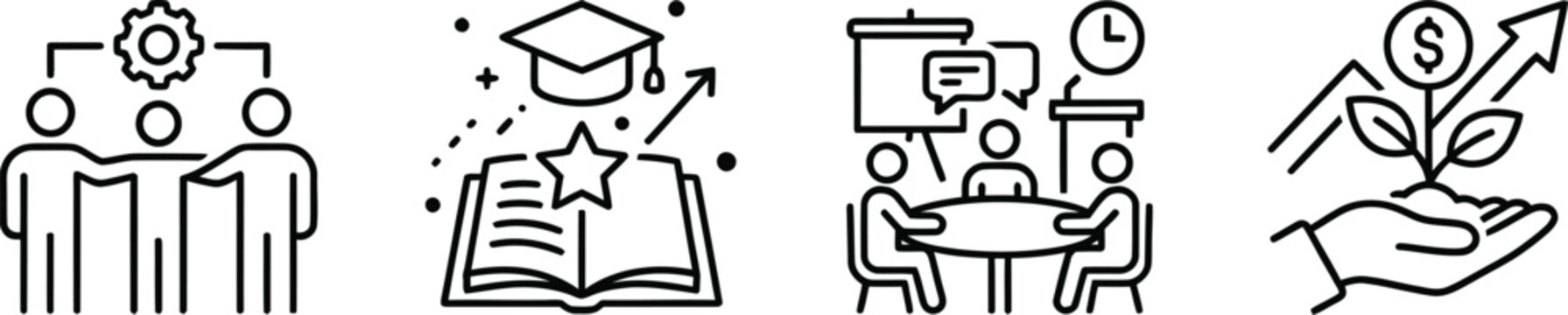 Business Training and Skill Development Line Icons. Learning, Teamwork, Mentorship, Knowledge Sharing and Financial Growth Outline Vector Set