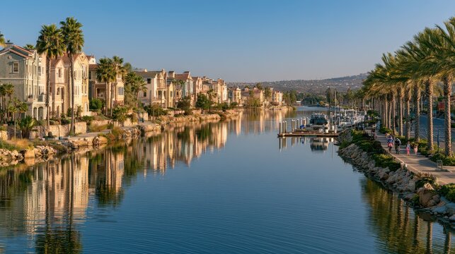 Sunlit waterfront and palm-lined promenade in Eastlake, Chula Vista