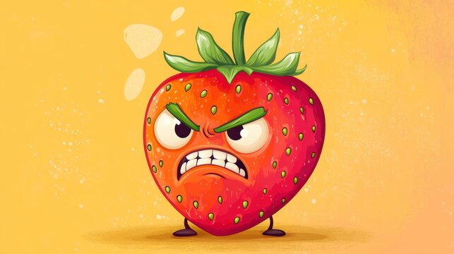 Angry cartoon strawberry with a grumpy expression on a yellow background.