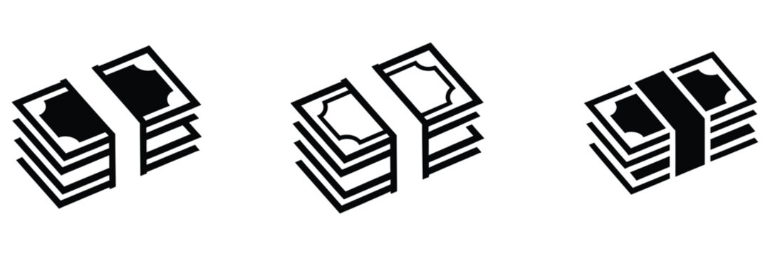 Money bills stacked icon variations in black and white for banking, finance, currency, payment, budgeting and business vector applications