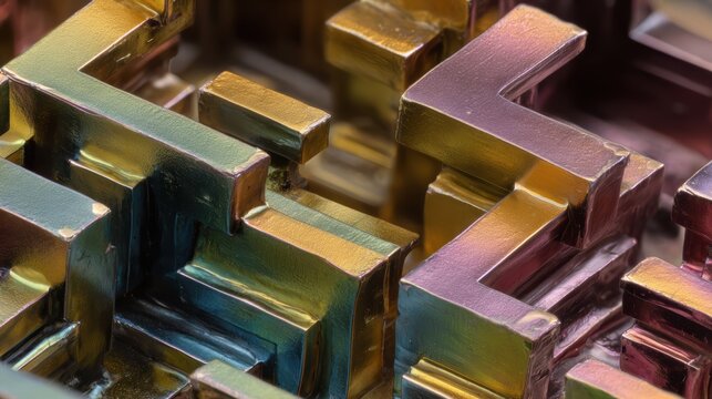 Macro close up abstract background of iridescent golden bismuth crystal hopper formations with sharp geometric stairs and metallic rainbow highlights
