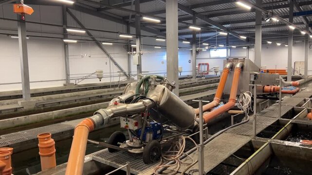 Trout farm. Business. Trout breeding. Raising trout from egg to large fish. Fish tanks