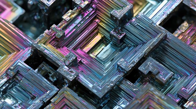 Full frame macro view of intricate iridescent bismuth crystal hopper formations with concentric geometric stairs and a striking metallic rainbow color palette