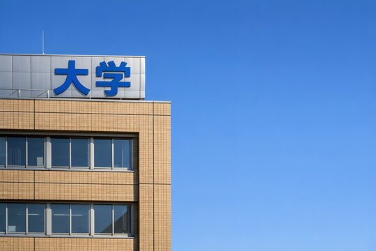 青い空を背景にしてそびえ立つ大学の校舎と青い文字の看板がある屋外の風景