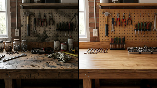 Transforming a cluttered workshop into a pristine organized craft and toolmaking space with improved lighting and cleanliness