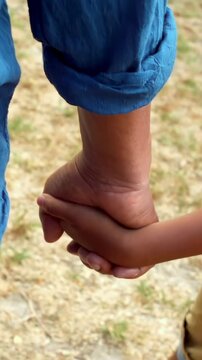 Vertical video: Reaching kid grabbing adult wrist, walking yard, holding hands, guiding, blue shirt