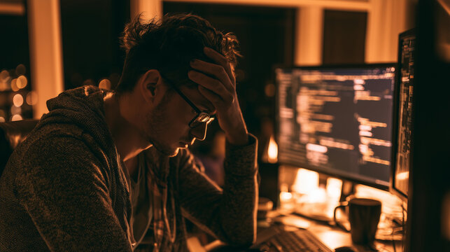 Software developer frustrated by coding bugs late into the night, one man working in the office at night, stressed work, women stressed, working at night hard, later at home, worki