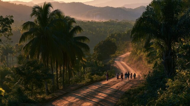 Traditional dress on a tranquil Huastec road conveying culture and nature