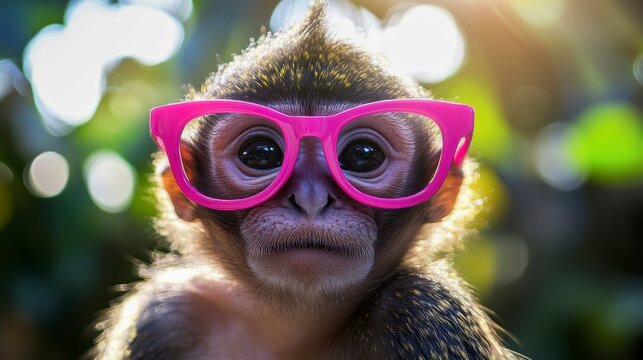 Close-up of a monkey wearing pink glasses outdoors.