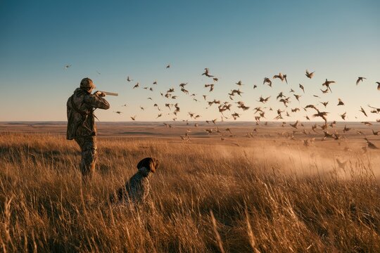 Open grassland upland game hunt in South Dakota during golden hour