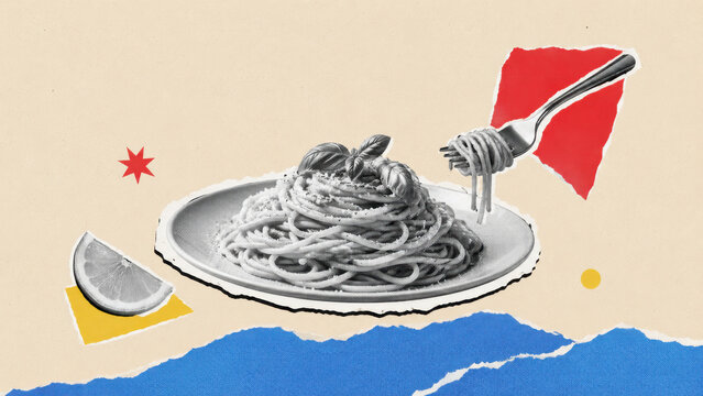 Italian pasta with basil fork and lemon in minimalist paper collage celebrating Mediterranean cuisine and authentic Italian food culture