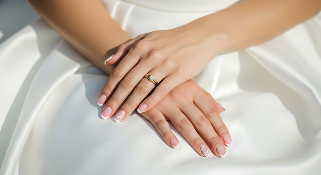 Bride hands with diamond engagement ring on white wedding dress