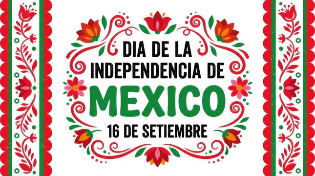 Mexican Independence Day festive background with traditional floral patterns and text for September 16th event