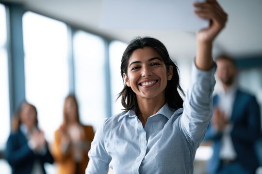 Moment of Vindication in the Workplace: A Professional&acirc;&euro;&trade;s Relieved Triumph with a Raised Document