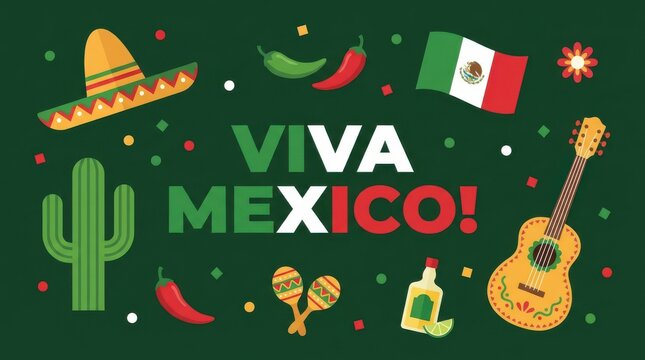 Viva Mexico greeting card design with traditional icons like sombrero, guitar, cactus, and chili peppers flat art.