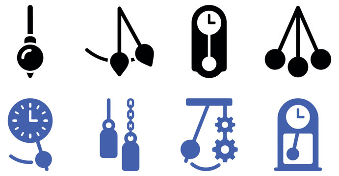 Set of black and blue pendulum and clock icons showing time and physics motion in a simple flat style Vector, illustration