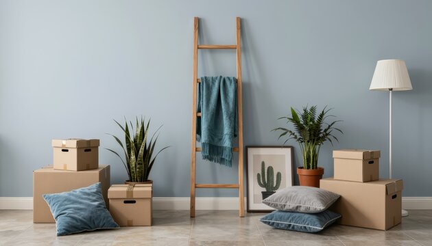 Neutral-toned room setup with stacked boxes, greenery, and rustic ladder