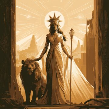 Timeless myth of Inanna: goddess of dawn and power depicted in ancient cityscape with starry sky