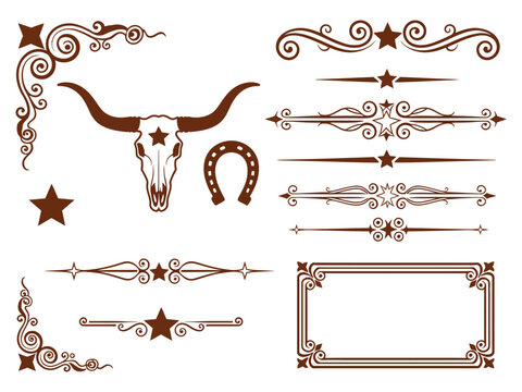 Western country elements set showcasing a rustic bull skull, cowboy horseshoe symbol, and ornate decorative filigree accents for southwestern graphic design