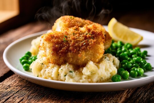 Home-cooked haddock fillets with mash and peas, plated for a cozy family meal