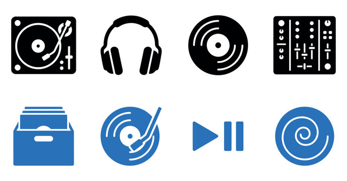 Set of music icons featuring vinyl records headphones and dj equipment for audio and entertainment design Vector, illustration