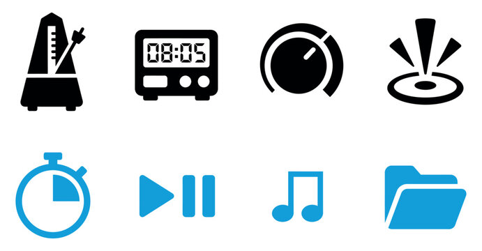 Set of black and blue interface icons including metronome digital clock volume knob and media controls Vector, illustration
