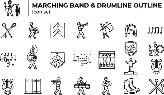 Marching Band and Drumline Outline Icon Set with Drum Major Baton, Color Guard Flag Spin, Sousaphone and Field Formation, 20 Icons Editable Strokes