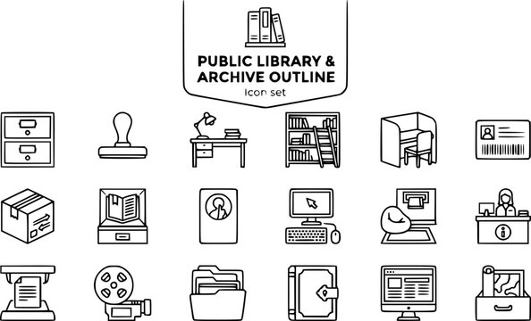 Public Library and Archive Outline Icon Set with Card Catalog, Bookshelf Ladder, Microfiche Reader and Rare Book Case, 20 Icons for Municipal Libraries, Editable Strokes
