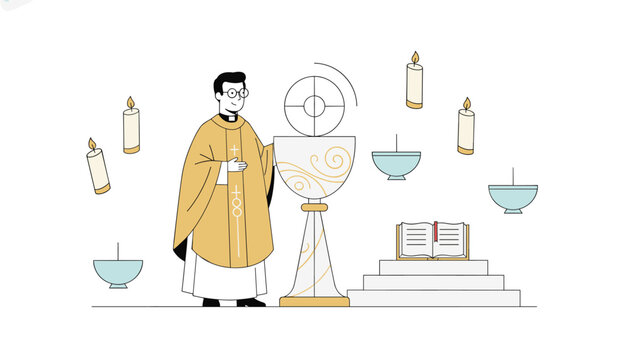 Priest in golden vestment performing communion service with chalice, host, candles and prayer book in a church altar vector illustration.