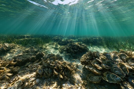 Underwater oyster reef scene with clustered shells and sunlit turquoise water