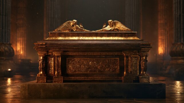Ornate ark chest with carved wood and gold details, dramatic lighting, a holy relic surrounded by ancient columns